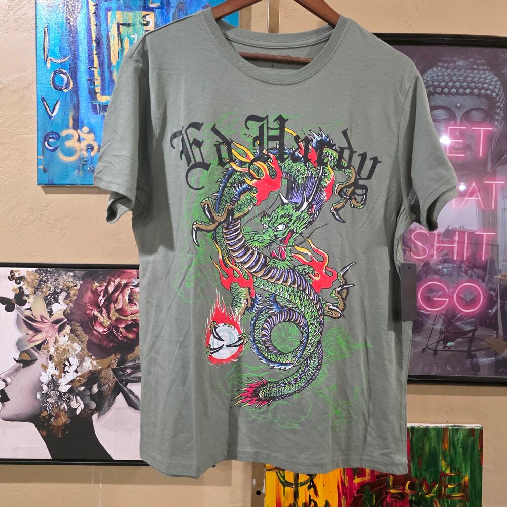 NWT Ed Hardy Y2K Style Grunge Deadstock Green Dragon  Streetwear Tee Size Large